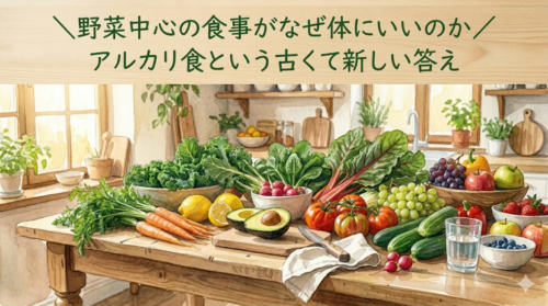 アルカリ性食品の野菜たちがたくさんならぶキッチンテーブル