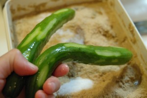 ぬか床へきゅうりを入れる