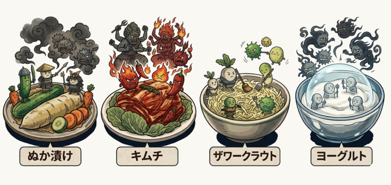 ぬか漬けやキムチ、ザワークラウト、ヨーグルトの乳酸菌の働き