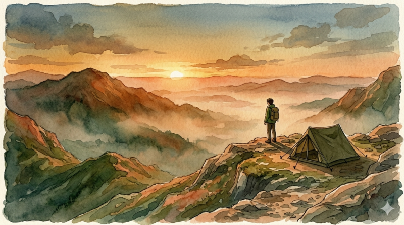 山の上から夕日を眺める登山者