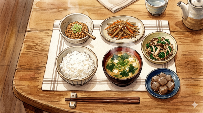 一汁三菜、根菜の煮物、海藻のみそ汁、納豆ご飯、きのこの炒め物