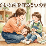 娘の歯の仕上げ磨きをする母