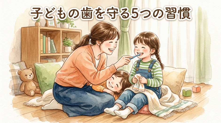 娘の歯の仕上げ磨きをする母