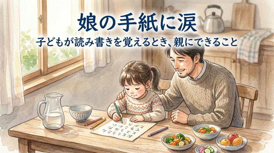 小さな女の子がテーブルに向かってひらがなで手紙を書いている。傍らでお父さんが微笑みながら見守っている。