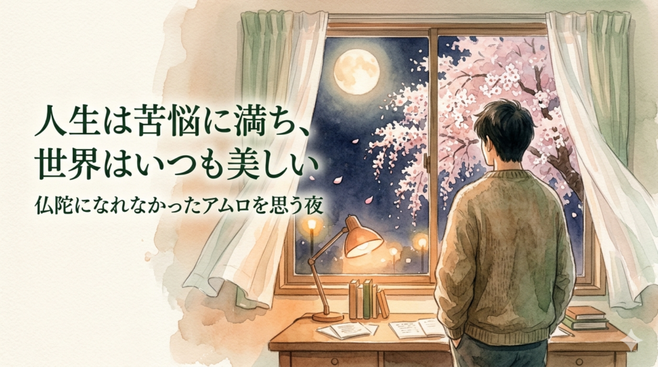 窓から夜桜を眺める男性