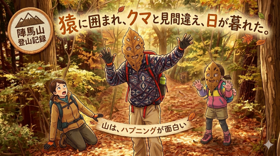 ホオノキの落ち葉の仮面をつけた父と娘