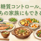 食卓の上に、肉・魚・卵・野菜・豆腐などのおかずが豊かに並んでいる