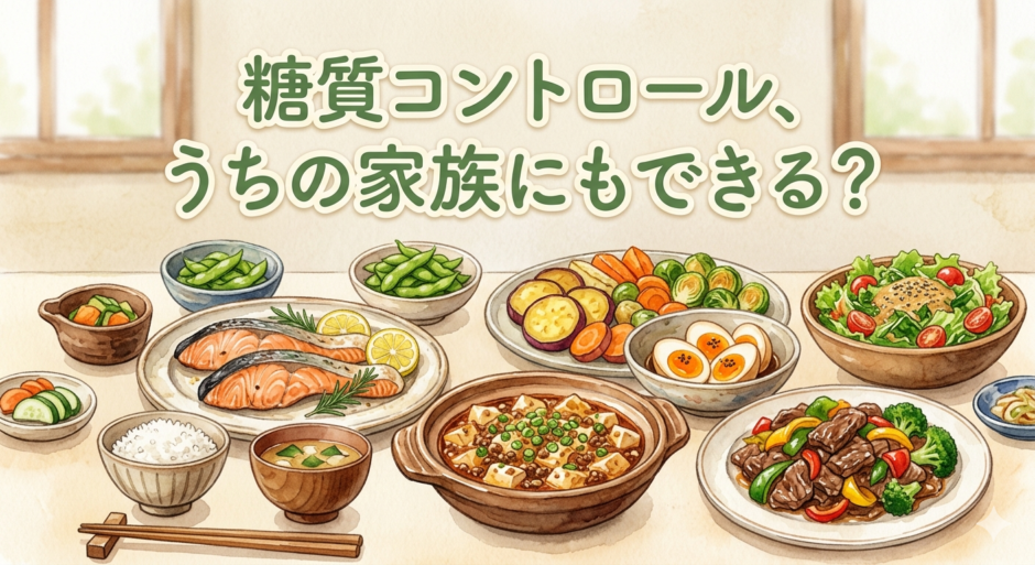 食卓の上に、肉・魚・卵・野菜・豆腐などのおかずが豊かに並んでいる