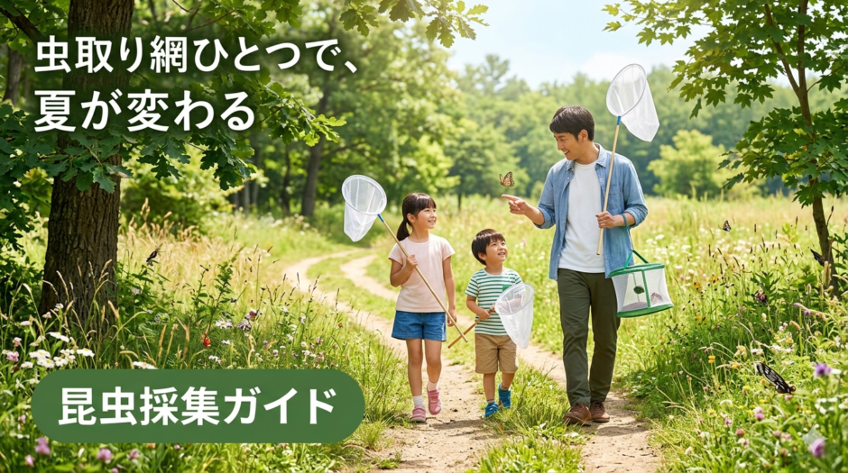 父と子どもたちが虫取り網を持って森の小道を歩いている