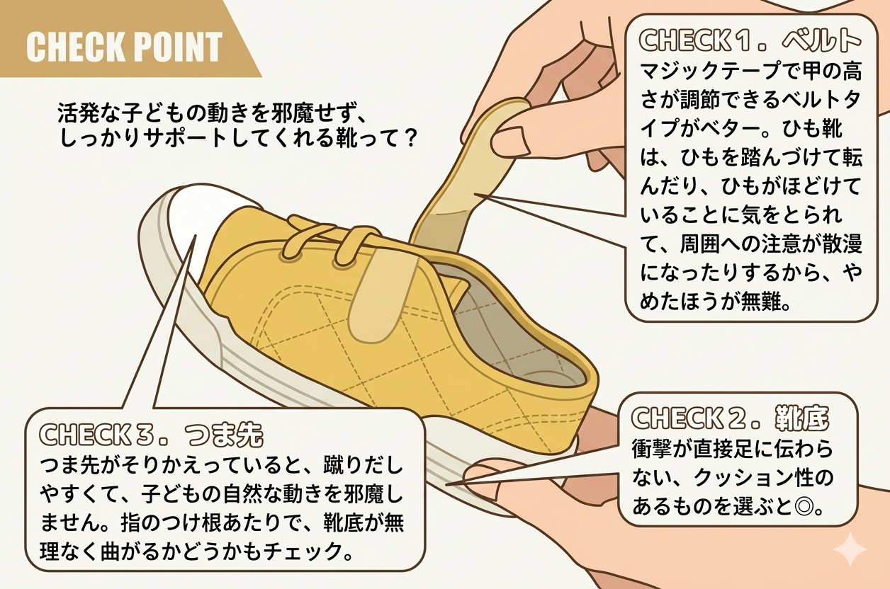 CHECK POINT、子ども靴選びはここに気をつけよう！　CHECK①ベルト／マジックテープで甲の高さが調節できるベルトタイプがベター。ひも靴は、ひもを踏んづけて転んだり、ひもがほどけていることに気をとられて、周囲への注意が散漫になったりするから、やめたほうが無難。CHECK②靴底／衝撃が直接足に伝わらない、クッション性のあるものを選ぶと◎。CHECK③つま先／つま先がそりかえっていると、歩いたり走ったりするときに蹴りだしやすくて、子どもの自然な動きを邪魔しません。指のつけ根あたりで、靴底が無理なく曲がるかどうかもチェック。